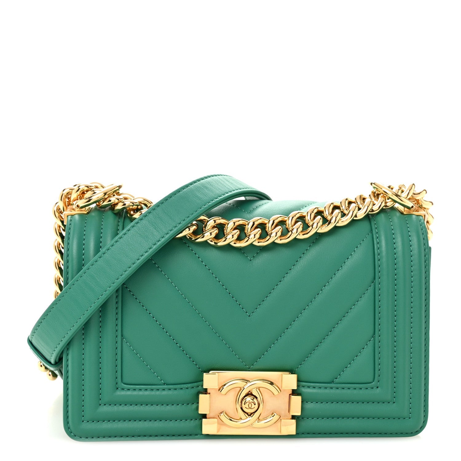 Chanel Calfskin Chevron Quilted Small Boy Flap Green