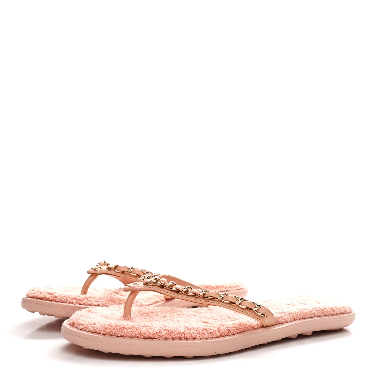 Lambskin Terry Cloth CC Chain Thong Sandals 37 Pink