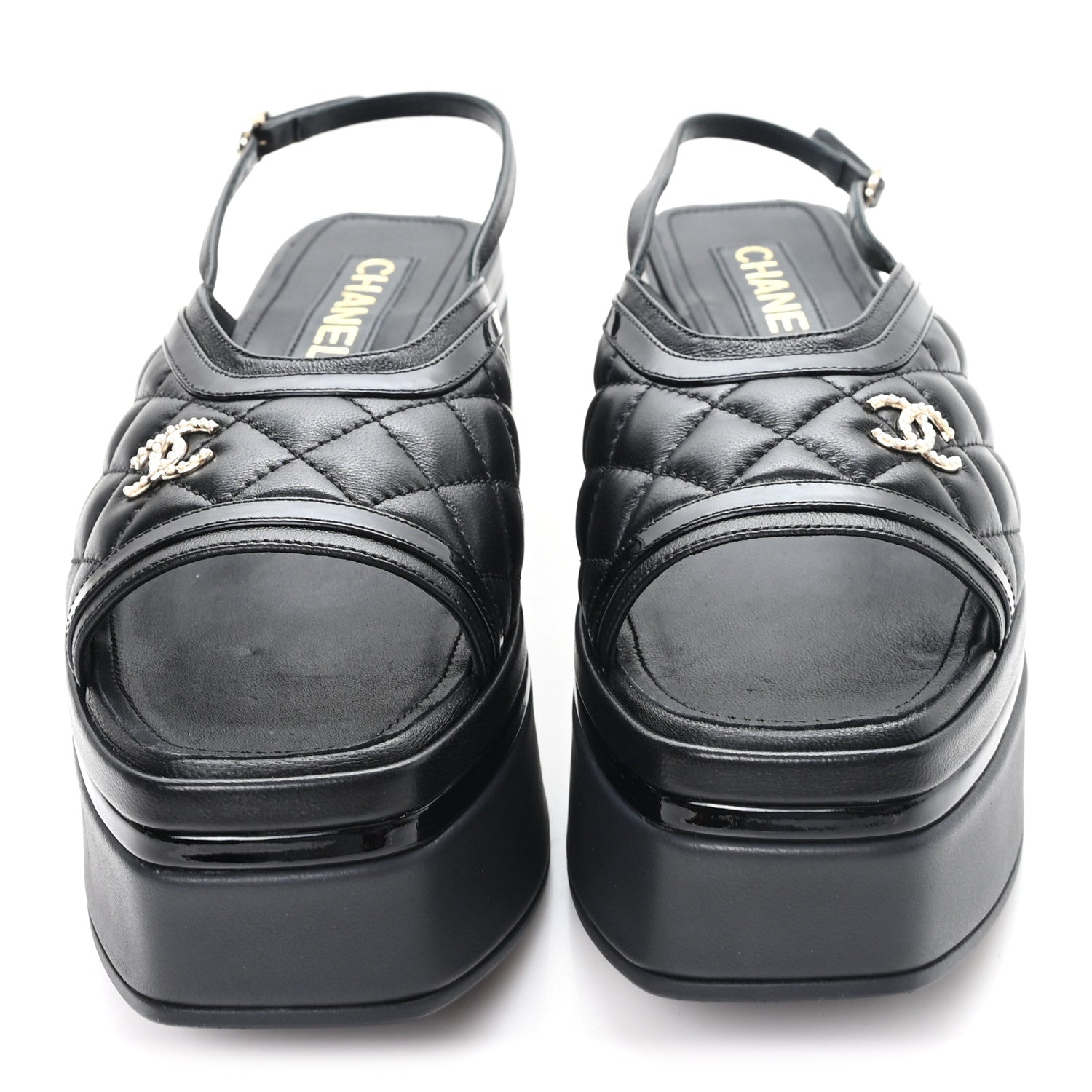 Lambskin Patent Quilted CC Platform Sandals 39.5 Black