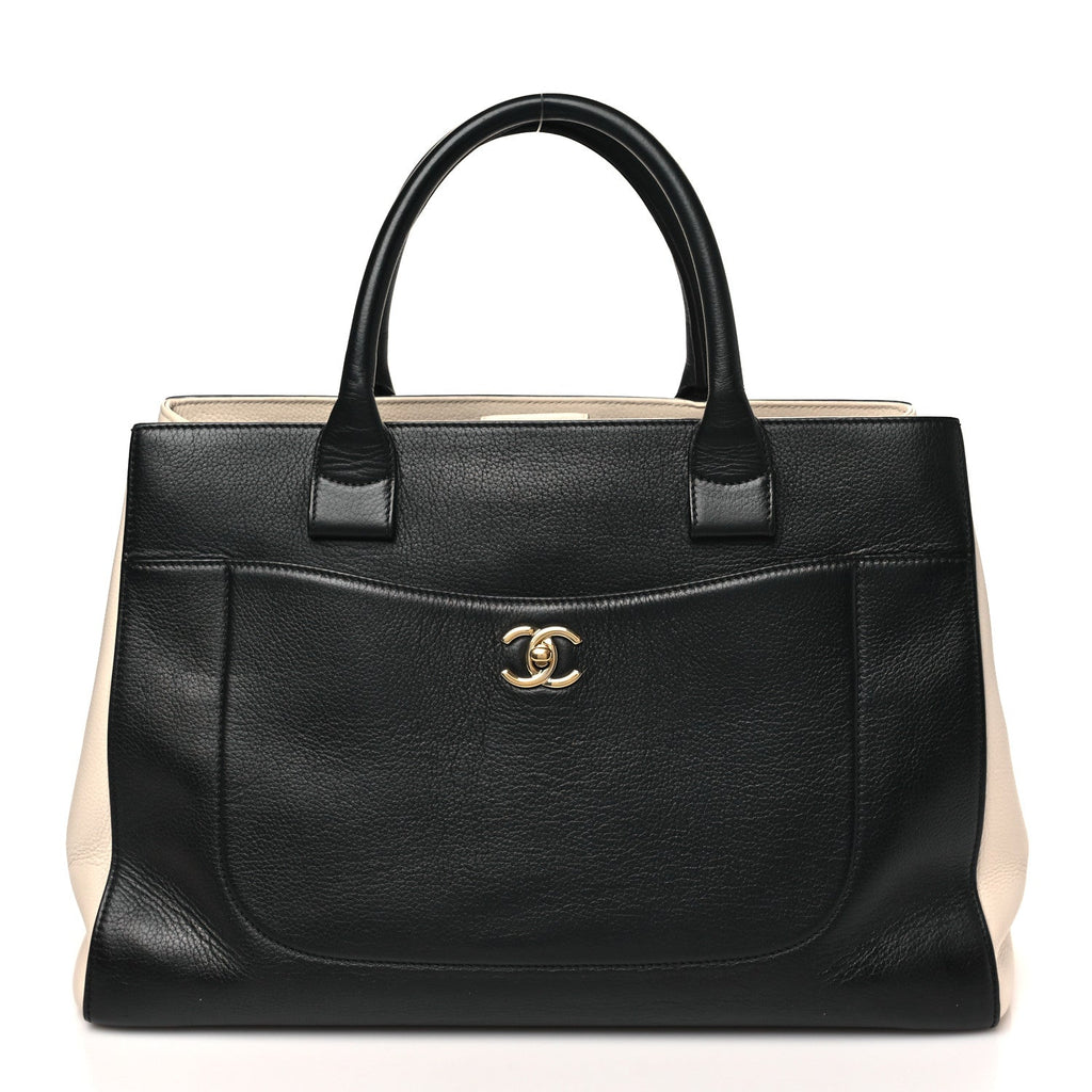 Chanel Grained Calfskin Medium Bi-Color Neo Executive Shopper Tote Black Beige