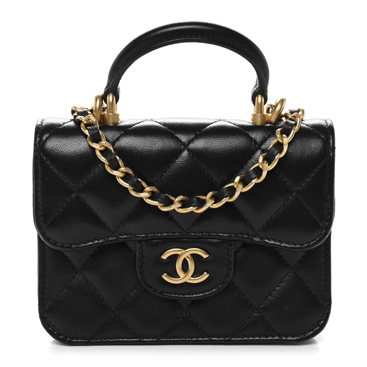 Chanel Lambskin Quilted Top Handle Flap Coin Purse With Chain Black