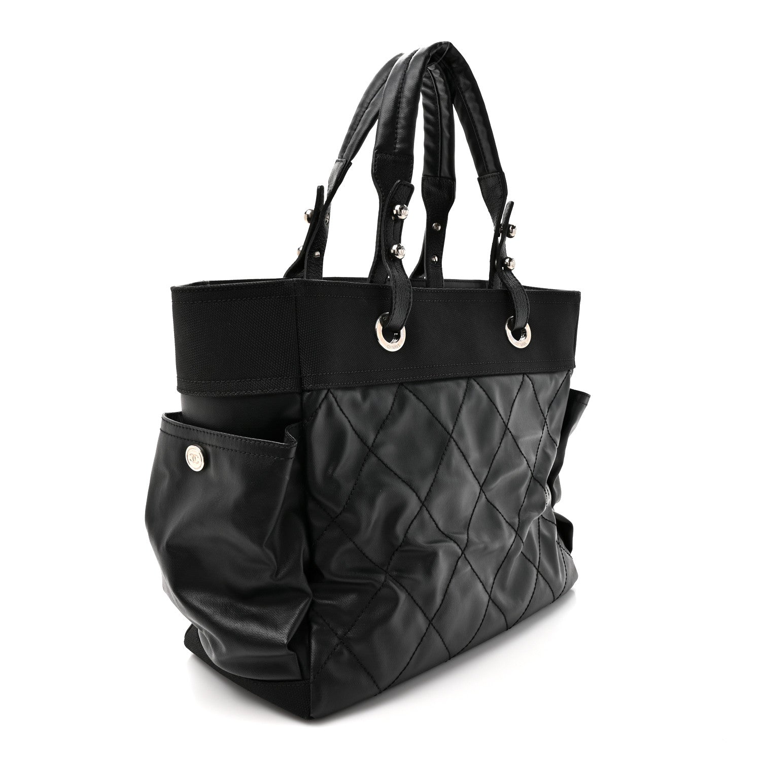 Chanel Coated Canvas Quilted Large Paris Biarritz Tote Black