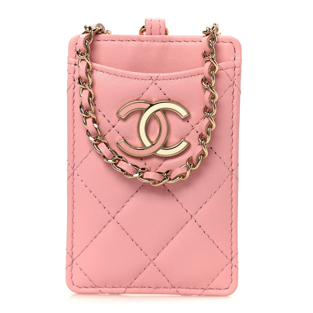 Lambskin Quilted Enamel Chanel Card Holder On Chain Light Pink