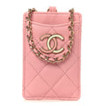 Lambskin Quilted Enamel Chanel Card Holder On Chain Light Pink