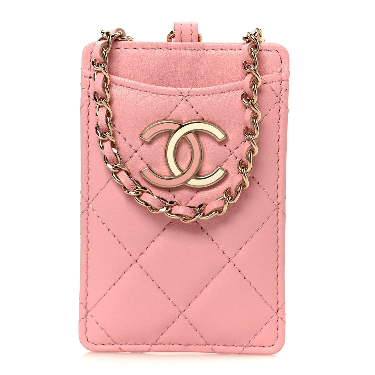 Lambskin Quilted Enamel Chanel Card Holder On Chain Light Pink