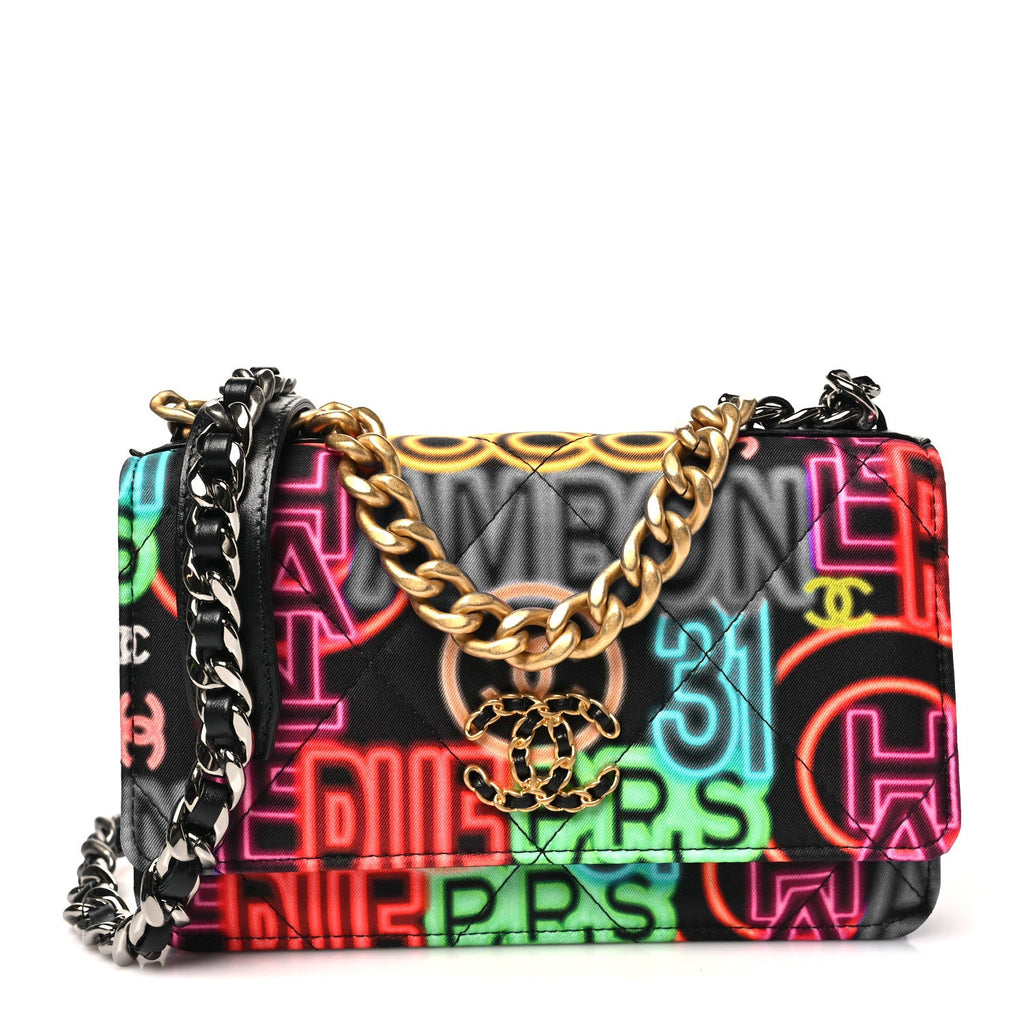 Chanel Fabric Printed Chanel 19 Wallet On Chain WOC Black Multicolor