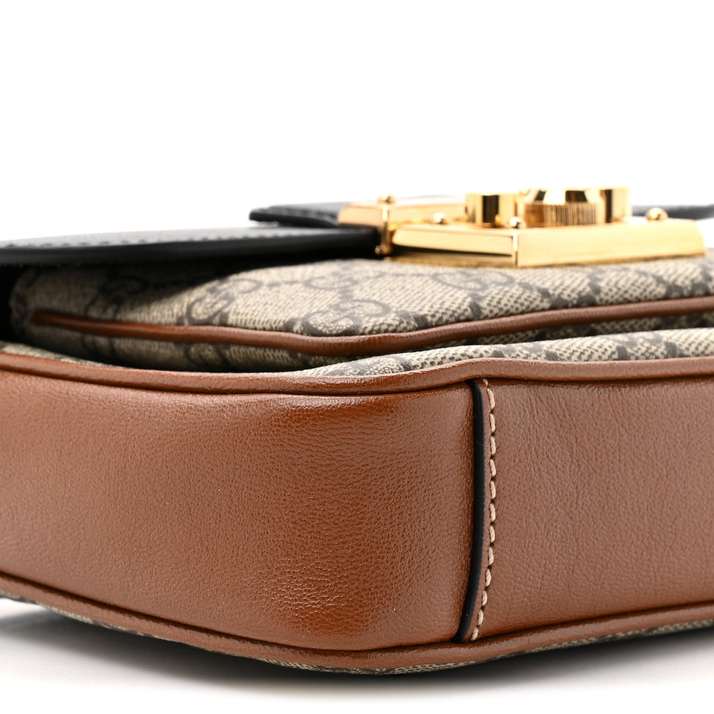 Gucci GG Supreme Monogram New Sakai Lux Calfskin Mini Padlock Flap Pocket Shoulder Bag Beige Ebony Black Cuir