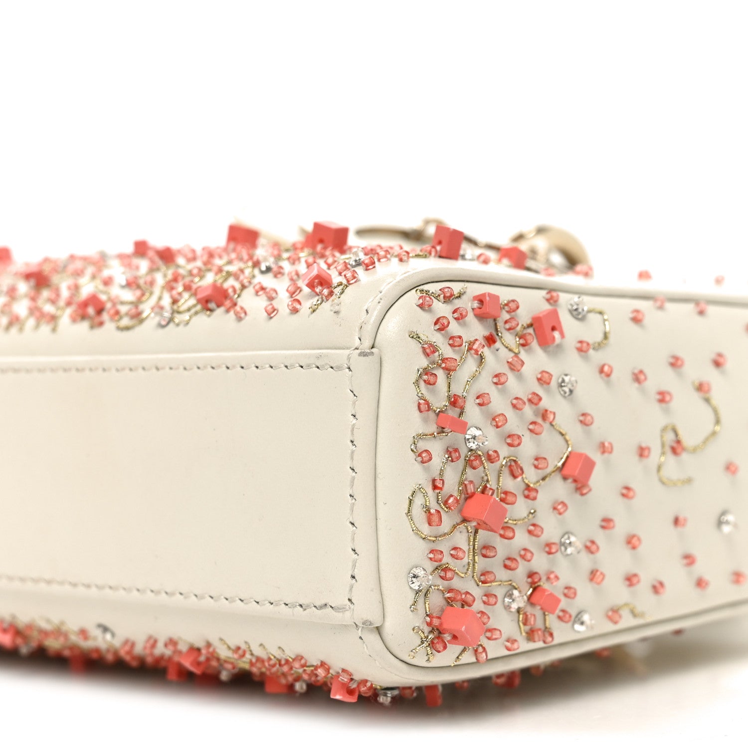 Christian Dior Calfskin Embroidered Small Lady D-Joy White Multicolor