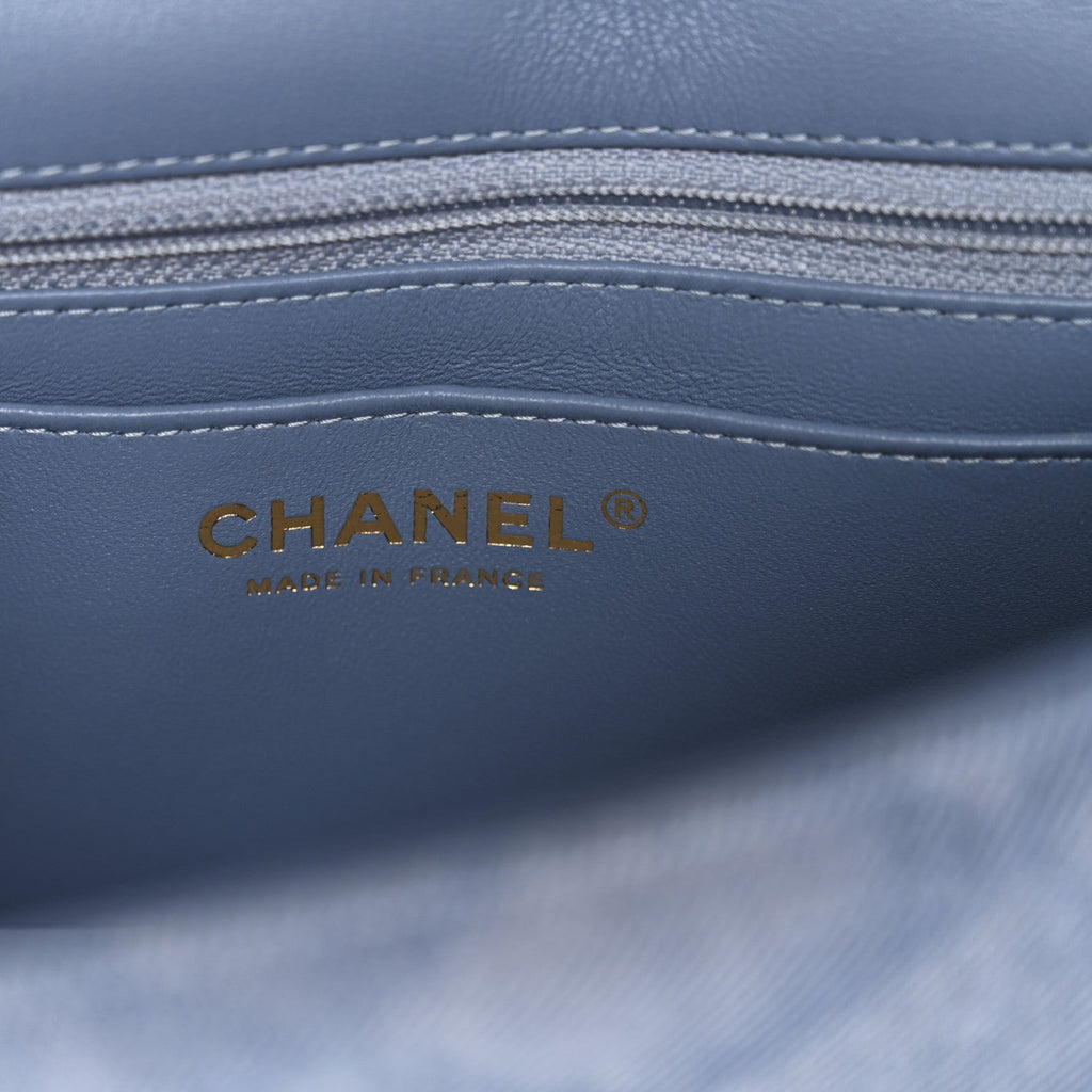 Chanel Printed Denim Quilted Mini Rectangular Flap Light Blue