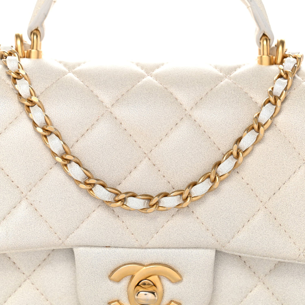 Chanel Iridescent Lambskin Quilted Mini Top Handle Rectangular Flap White
