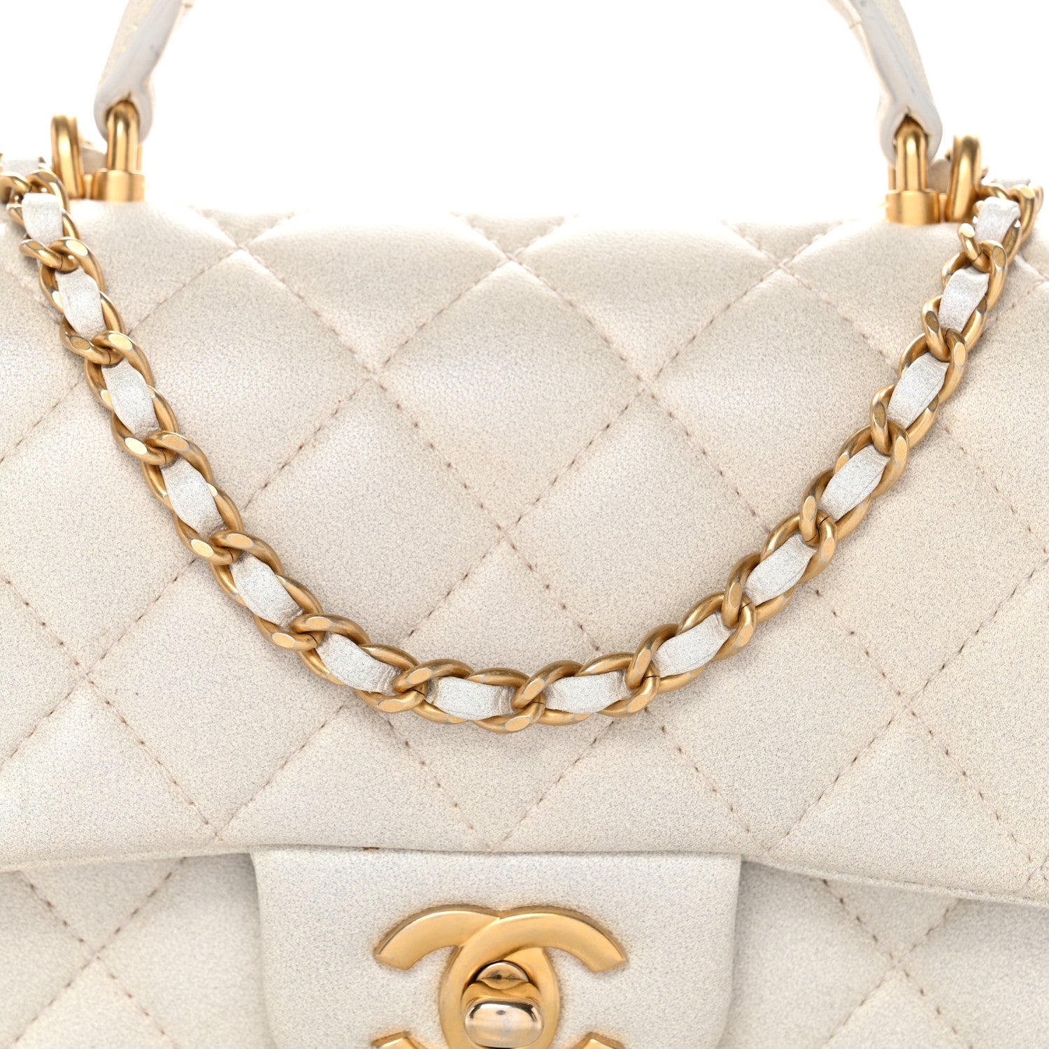 Chanel Iridescent Lambskin Quilted Mini Top Handle Rectangular Flap White