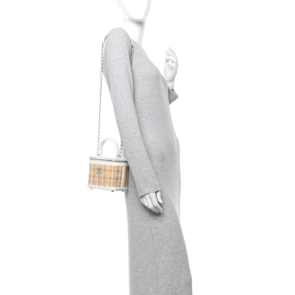 Chanel Calfskin Raffia Small Vanity Case Bag White Beige