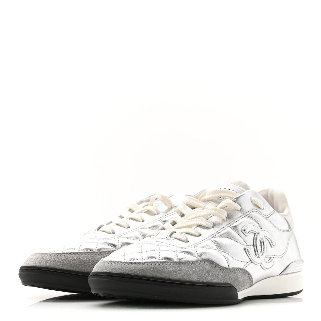 Laminated Calfskin Suede Quilted Womens CC Sneakers 38 Silver White Gray