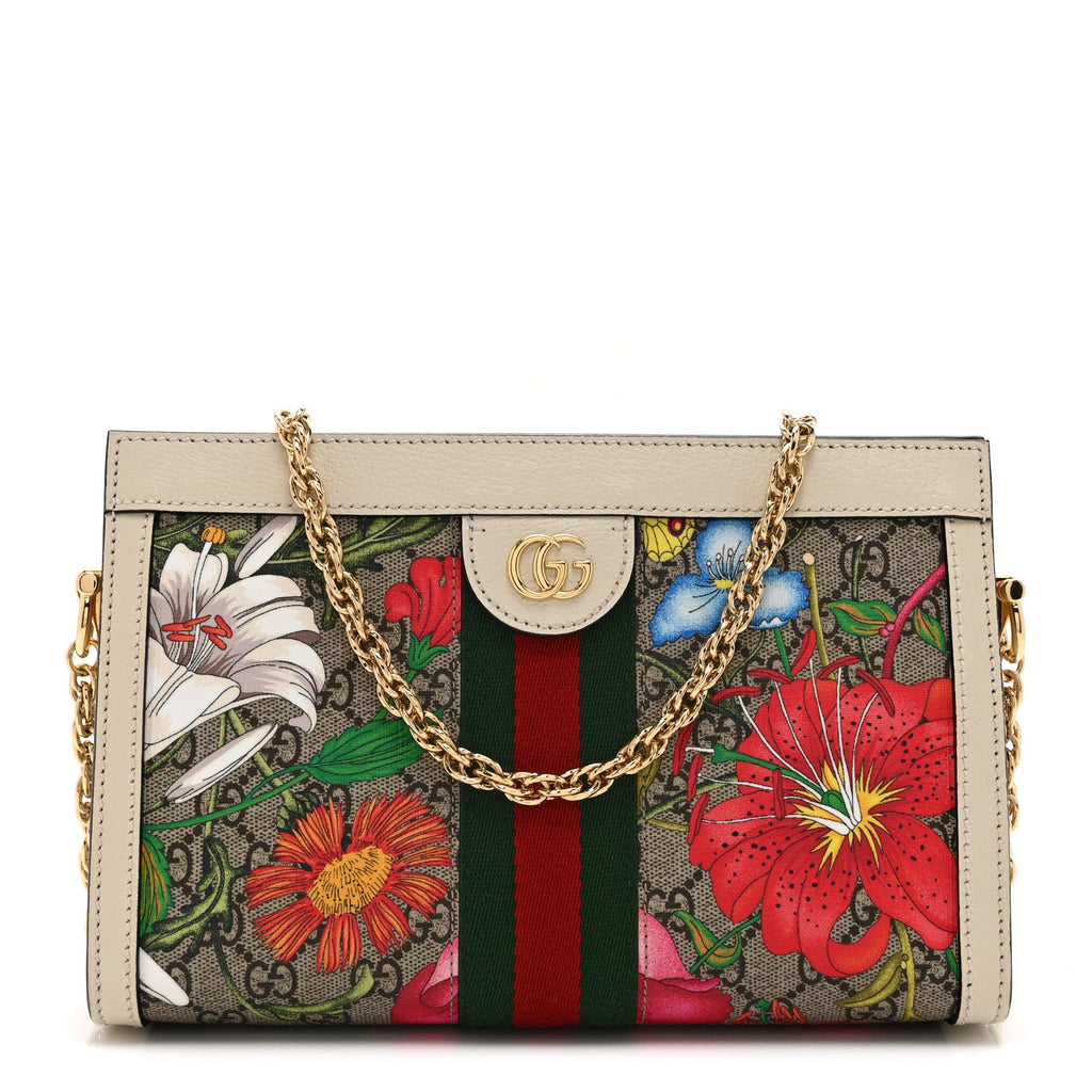 Gucci GG Supreme Monogram Flora Web Small Ophidia Chain Shoulder Bag White