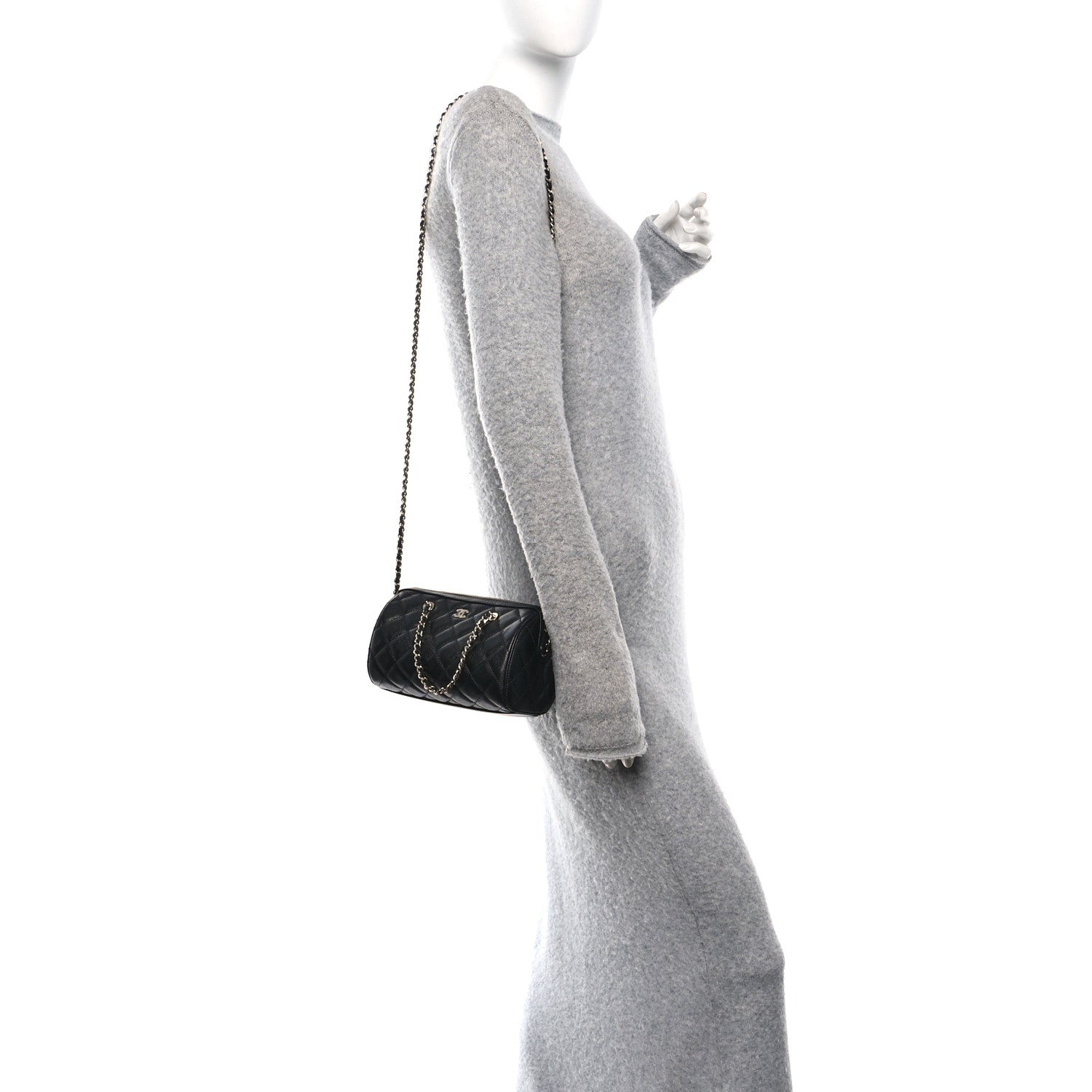 Chanel Caviar Quilted Barrel Clutch With Chain Black