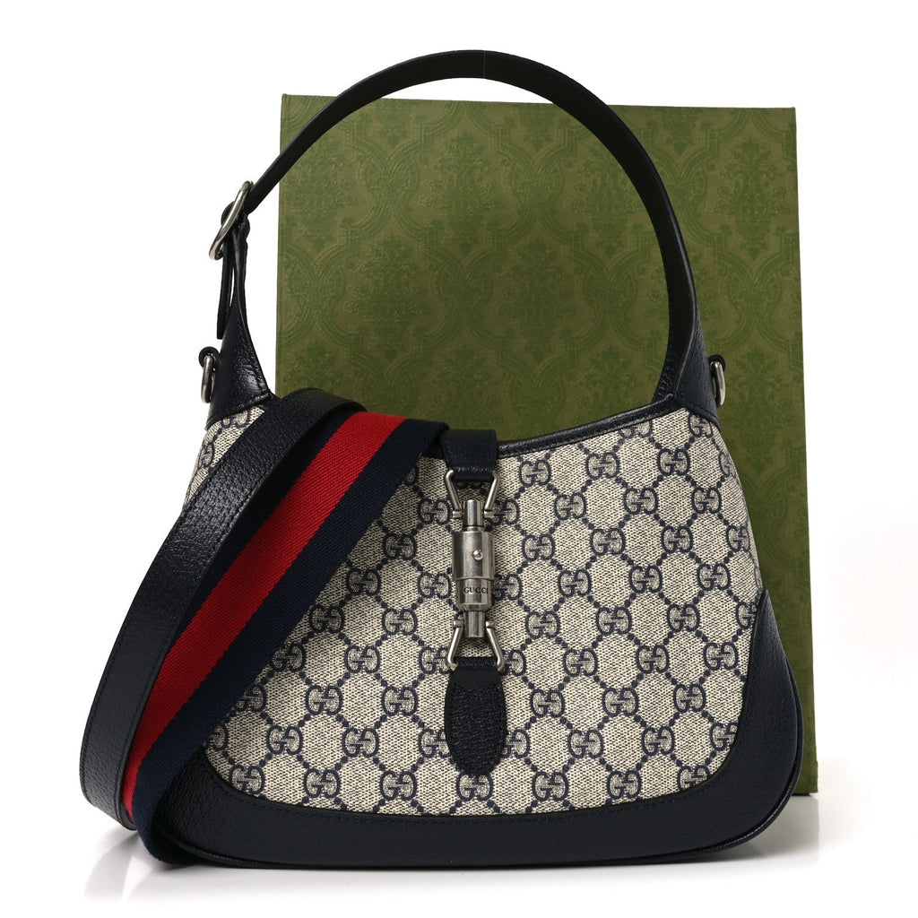 Gucci GG Supreme Monogram Textured Dollar Calfskin Web Small Jackie 1961 Hobo Beige Blue