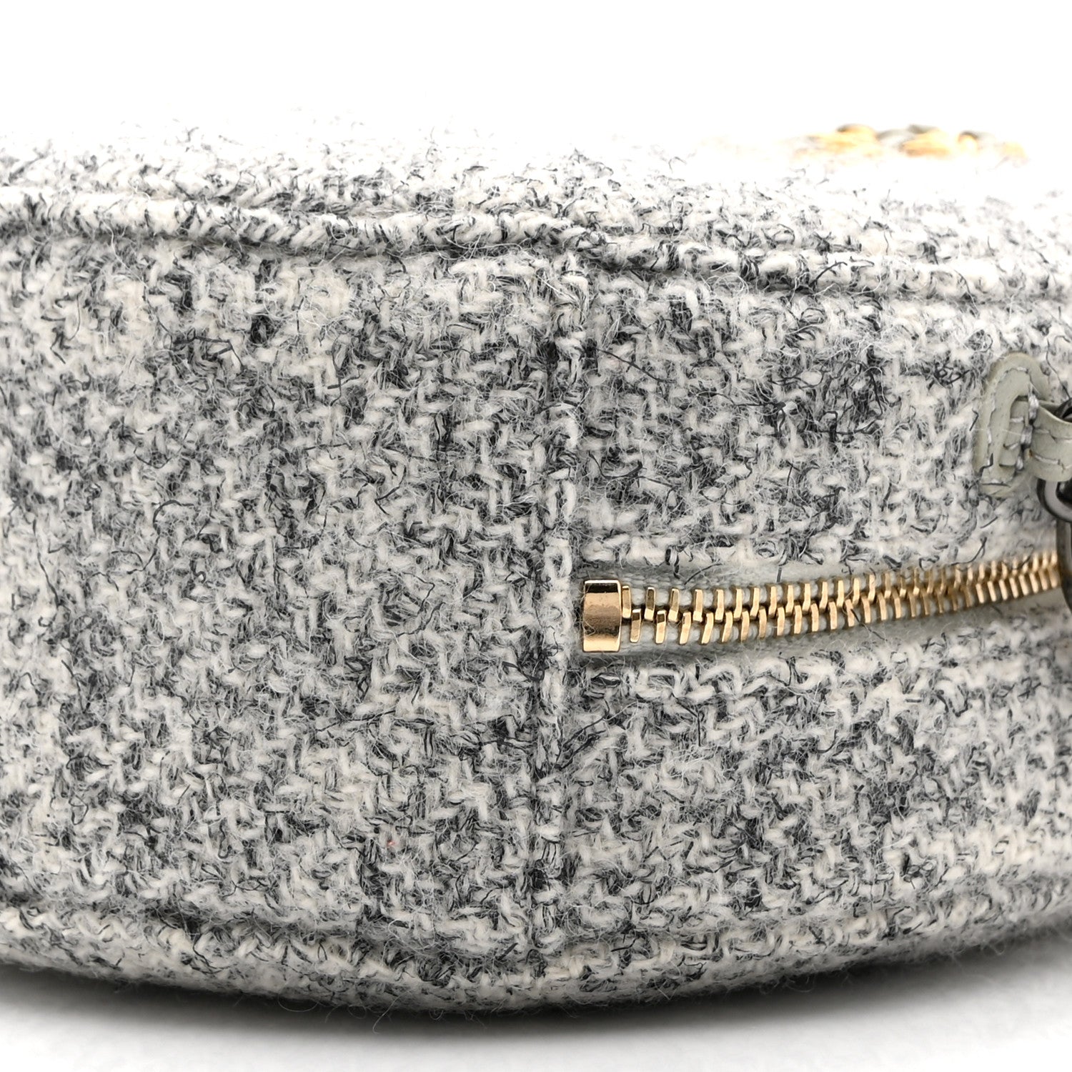 Chanel Wool Tweed Lambskin Quilted Chanel 19 Round Clutch With Chain Grey Ecru