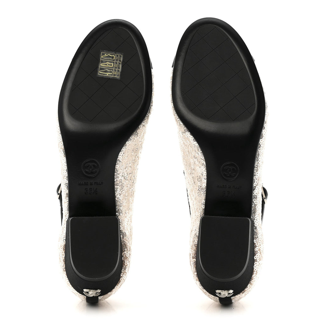 Glittered Tulle Sequin Grosgrain Cap Toe CC Mary Jane Pumps 36.5 Light Pink Black