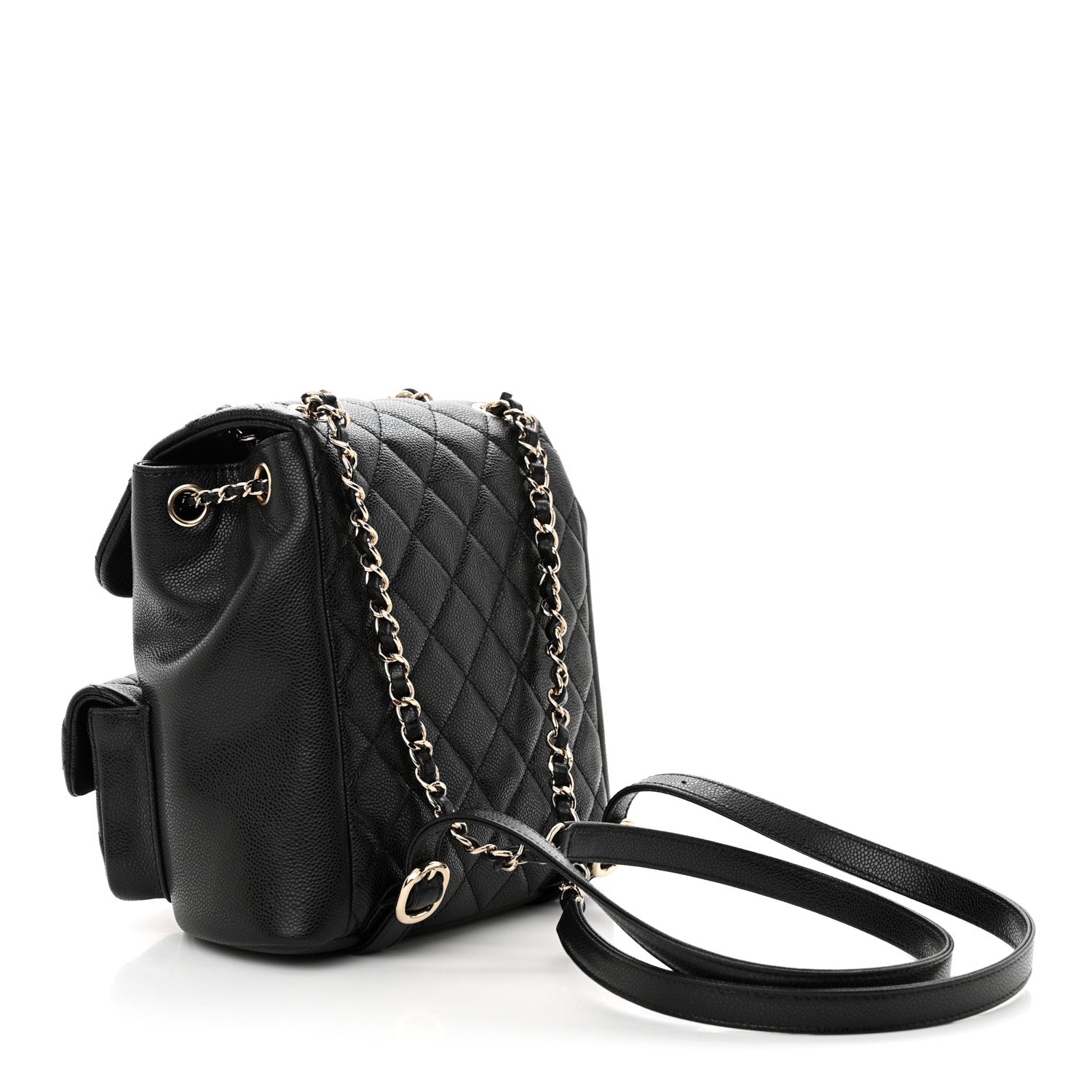 Chanel Shiny Caviar Quilted Medium Duma Pockets Drawstring Backpack Black