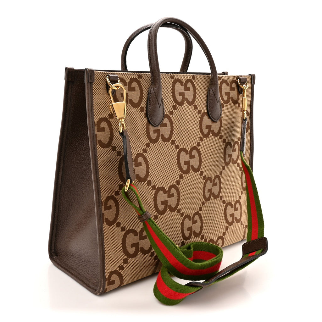 Gucci Monogram Jumbo GG Textured Dollar Calfskin Web Tote Bag Camel Ebony New Acero