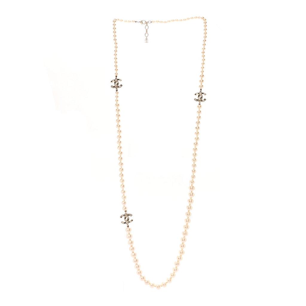 Baguette Crystal Pearl CC Long Necklace Black Gold