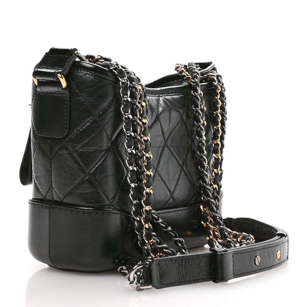 Chanel Aged Calfskin Quilted Small Gabrielle Logo Hobo Black