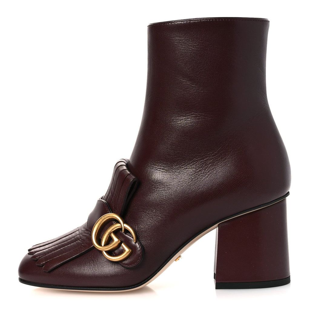 Gucci Malaga Kid GG Marmont Fringe 75mm Ankle Boots 36 Vintage Bordeaux