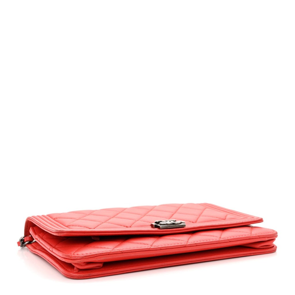 Chanel Lambskin Quilted Boy Wallet On Chain WOC Red