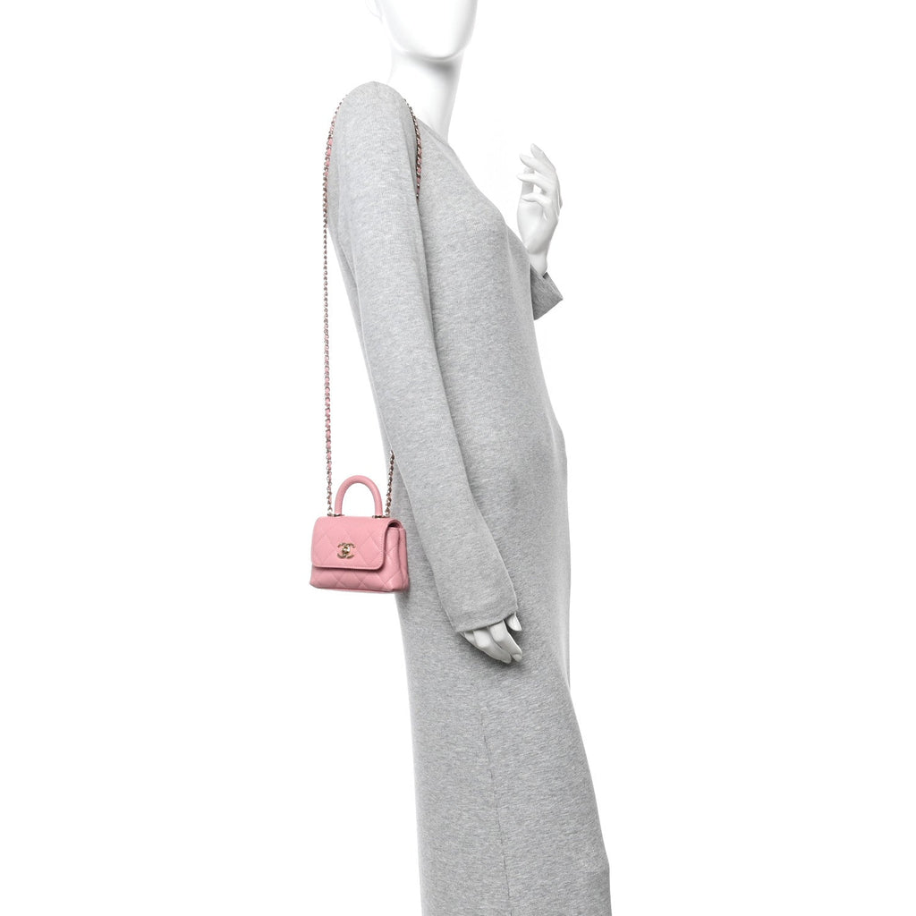 Chanel Caviar Quilted Nano Coco Handle Clutch With Chain Pink