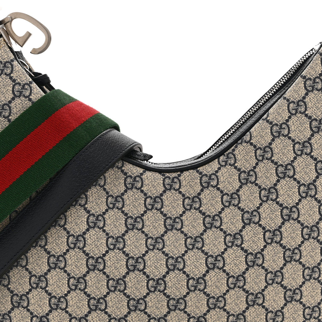 Gucci GG Supreme Monogram Textured Calfskin Web Small Attache Shoulder Bag Beige Blue