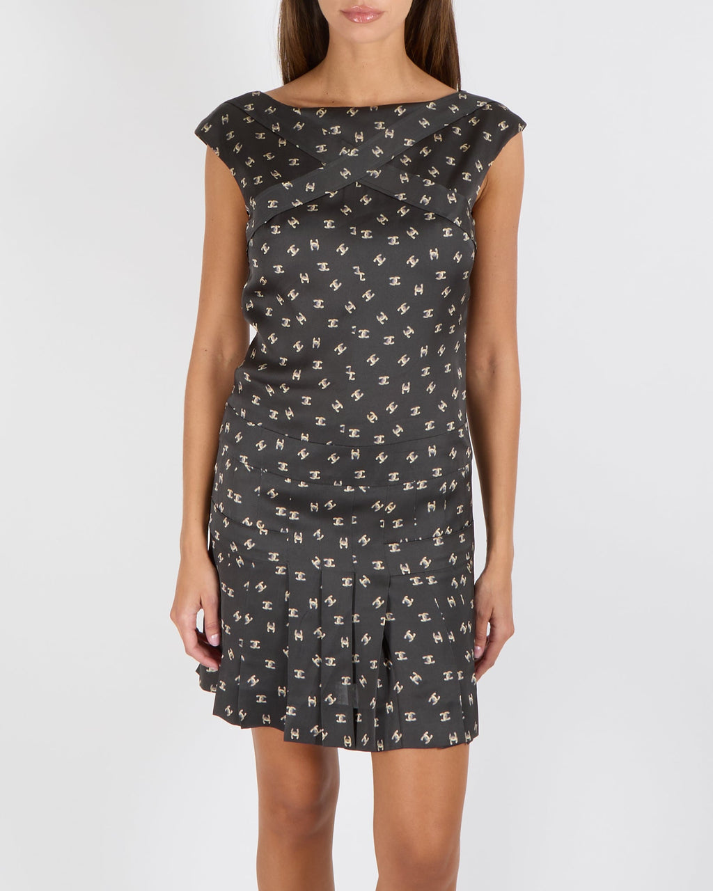 Chanel Black Silk Sleeveless Mini Dress with Beige CC Logo Prints Size FR 36 (UK 8)