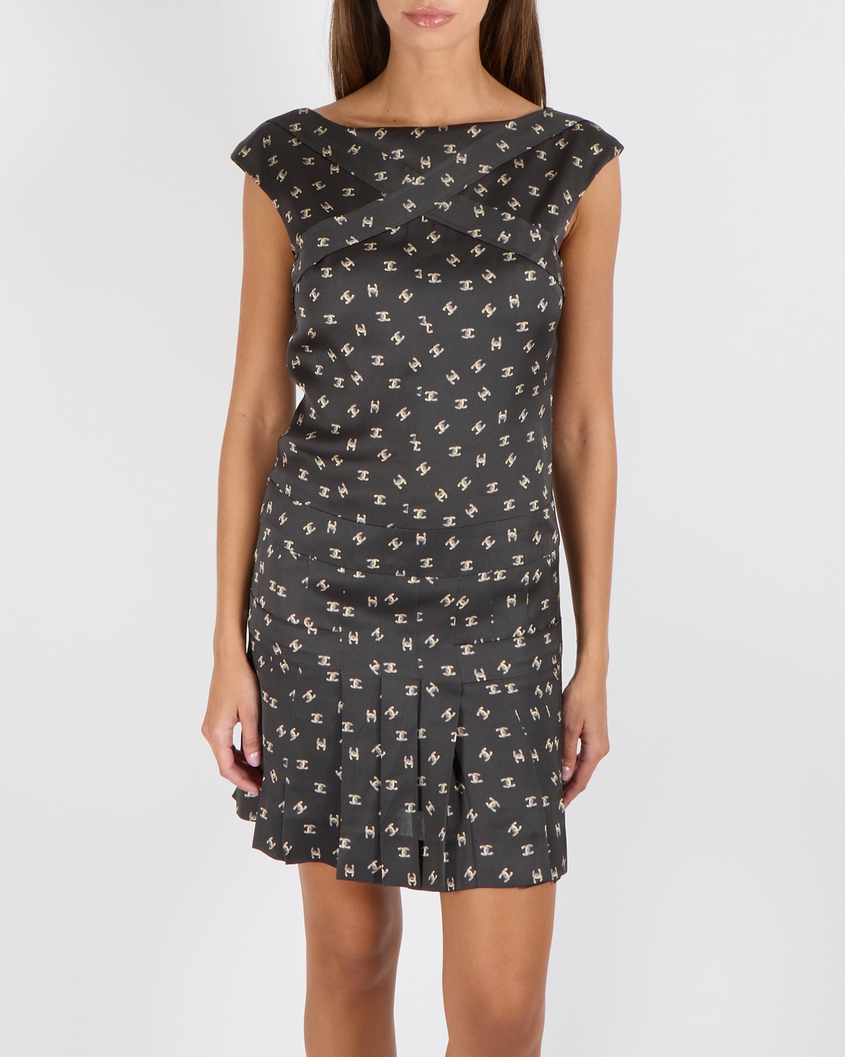 Chanel Black Silk Sleeveless Mini Dress with Beige CC Logo Prints Size FR 36 (UK 8)