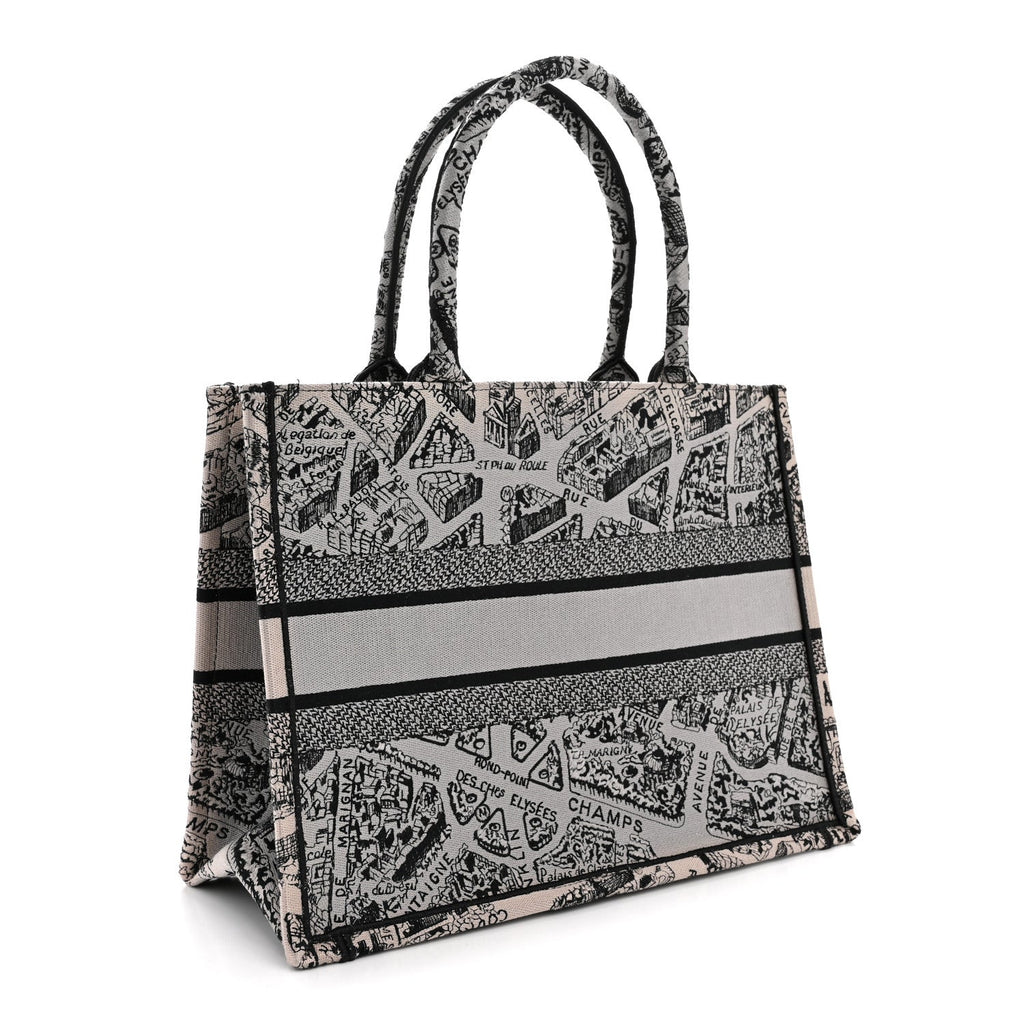 Christian Dior Canvas Embroidered Medium Plan De Paris Book Tote Grey Black