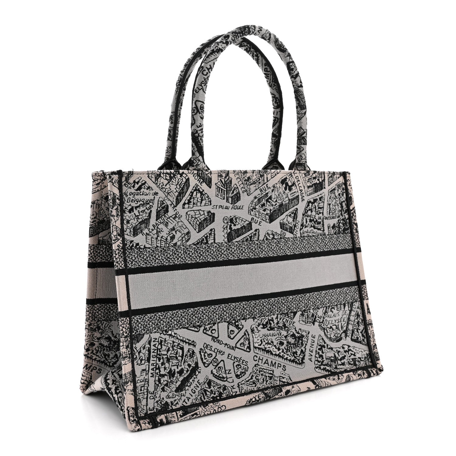 Christian Dior Canvas Embroidered Medium Plan De Paris Book Tote Grey Black