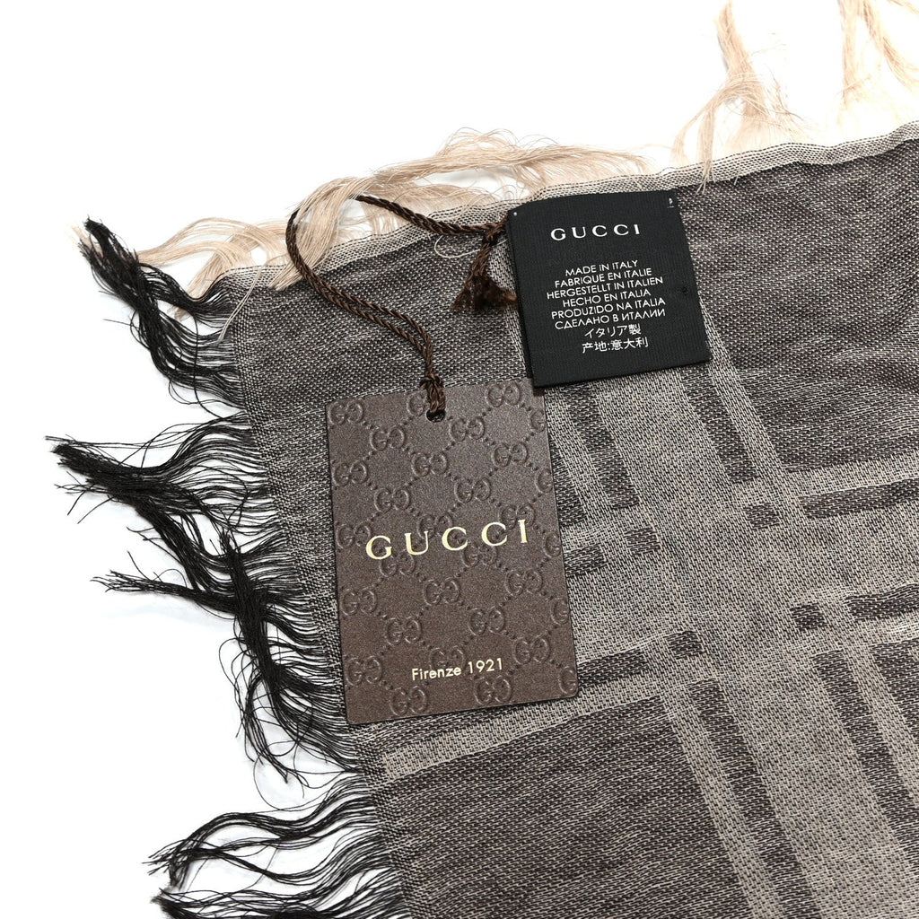 Gucci Wool Silk GG Monogram Diamante Plaid Surviee Shawl Beige Dark Brown