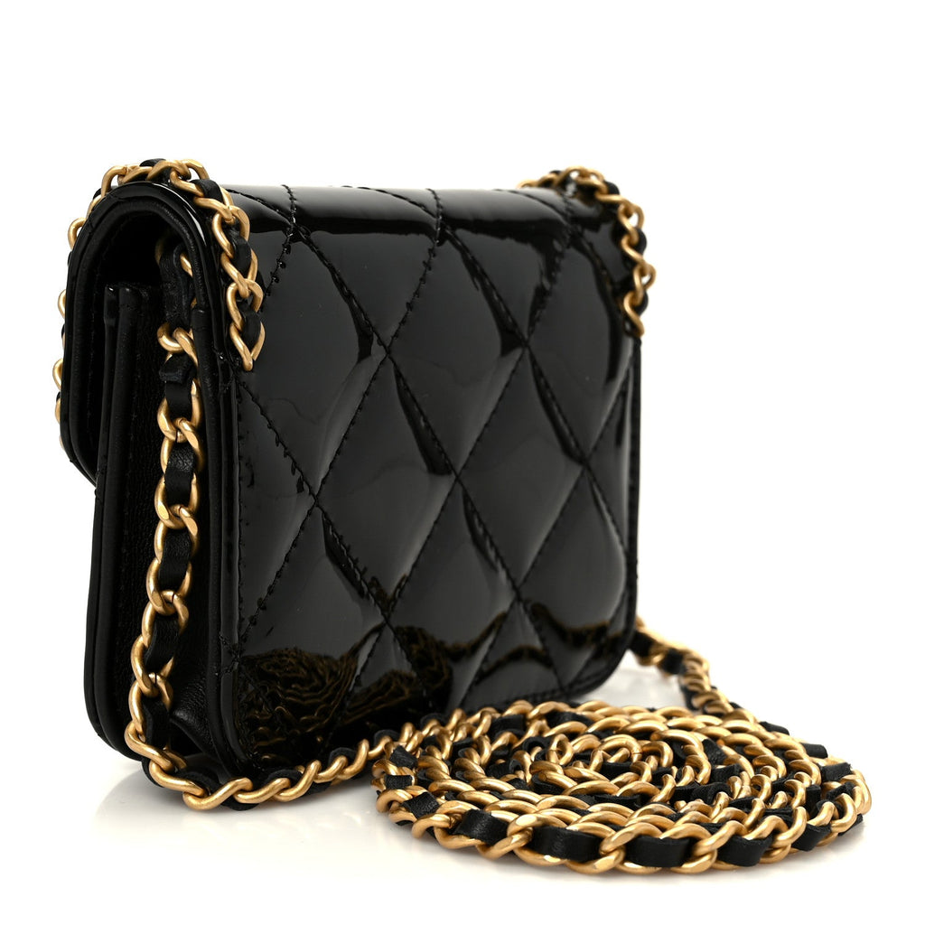 Chanel Patent Quilted Chain Around Heart Mini Chain Flap Black