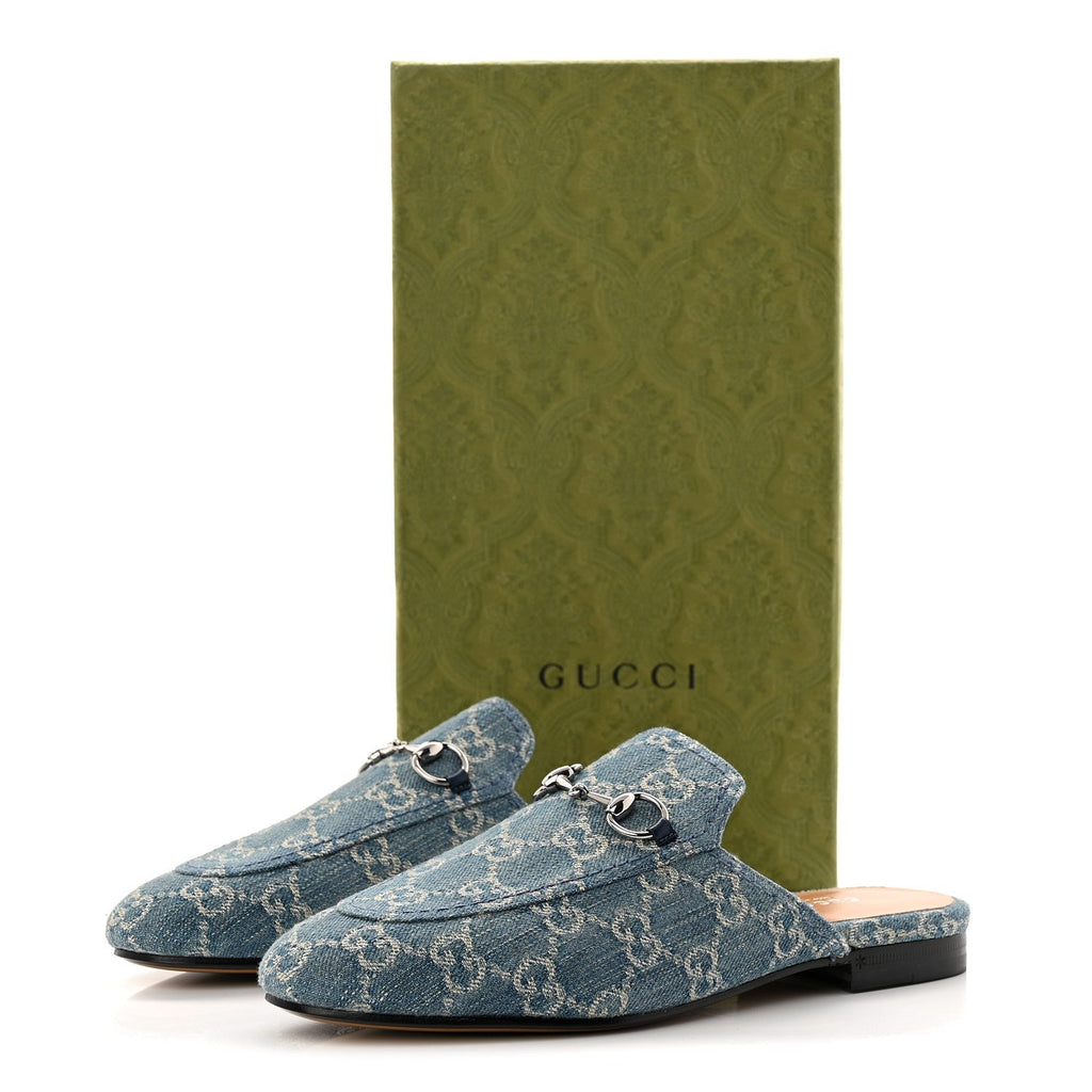 Gucci New Denim GG Malaga Kid Womens Princetown Slippers 37.5 Light Blue Royale