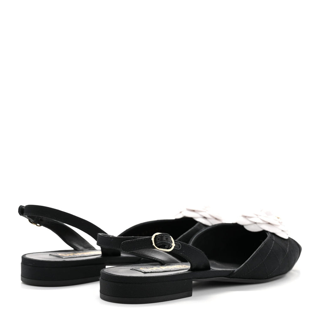 Grosgrain Camellia Slingback Flats 39.5 Black White