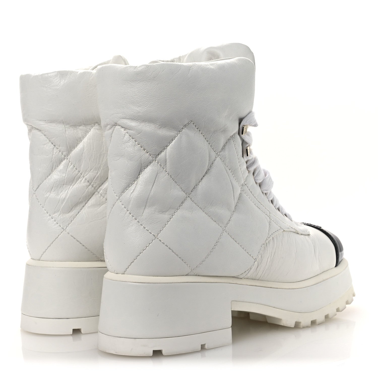 Crumpled Patent Lambskin Calfskin Quilted Lace Up Combat Boots 37 White Black