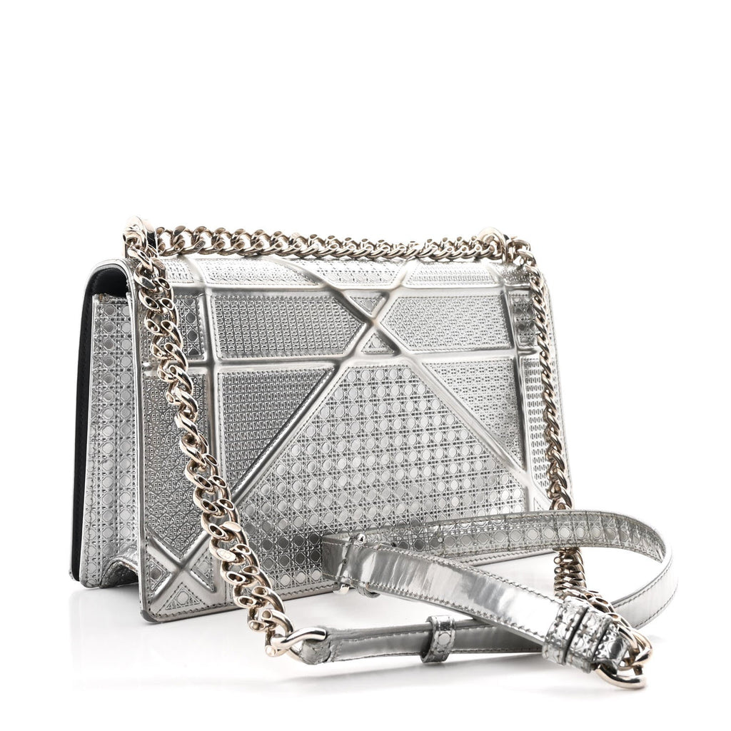 Christian Dior Metallic Patent Micro-Cannage Medium Diorama Flap Bag Silver