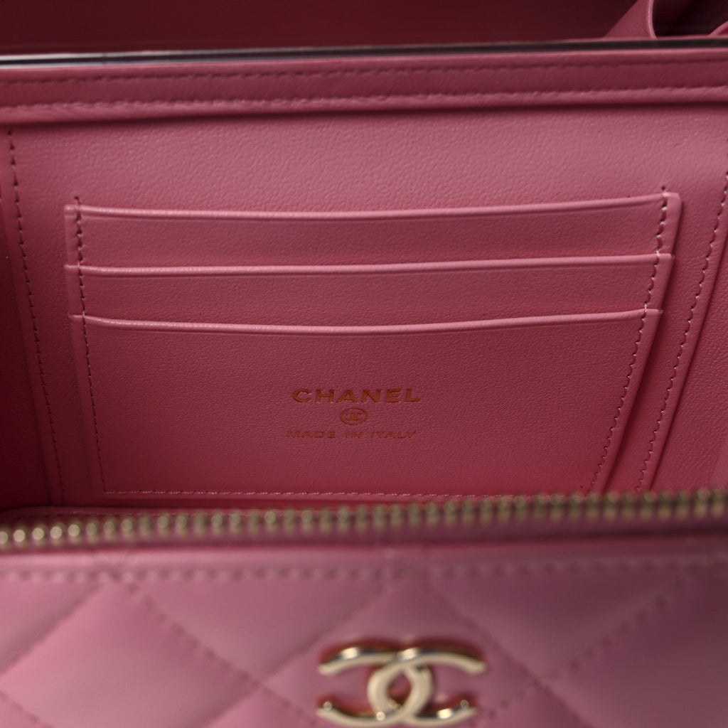 Chanel Lambskin Quilted Small Top Handle Vanity Case With Chain Pink