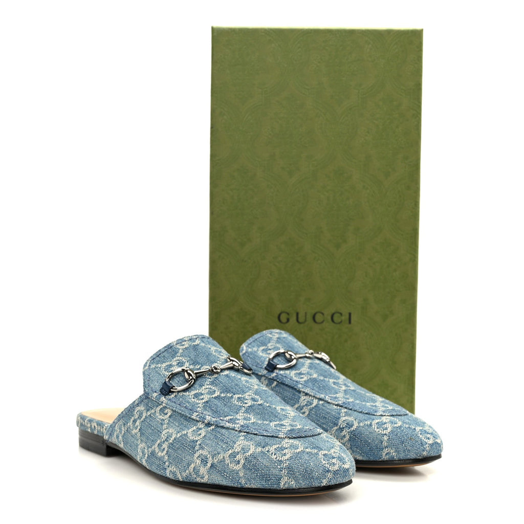 Gucci New Denim GG Malaga Kid Womens Princetown Slippers 37.5 Light Blue Royale