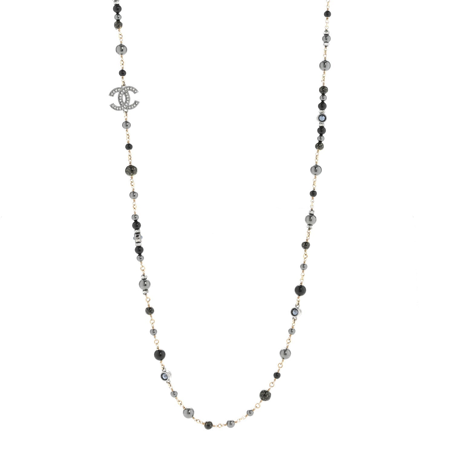 Pearl Bead Crystal CC Long Necklace Black Gold