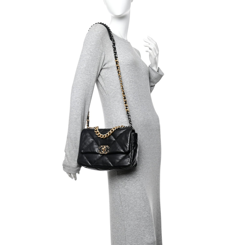 Chanel Shiny Goatskin Quilted Medium Chanel 19 Flap Black