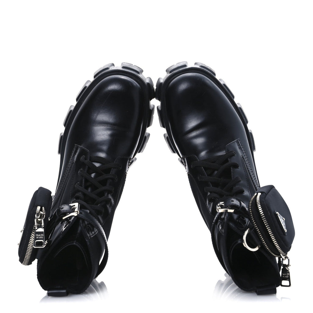 Prada Spazzolato Rois Re-Nylon Metal Triangle Logo Monolith Pouch Pocket 55mm Boots 41 Black