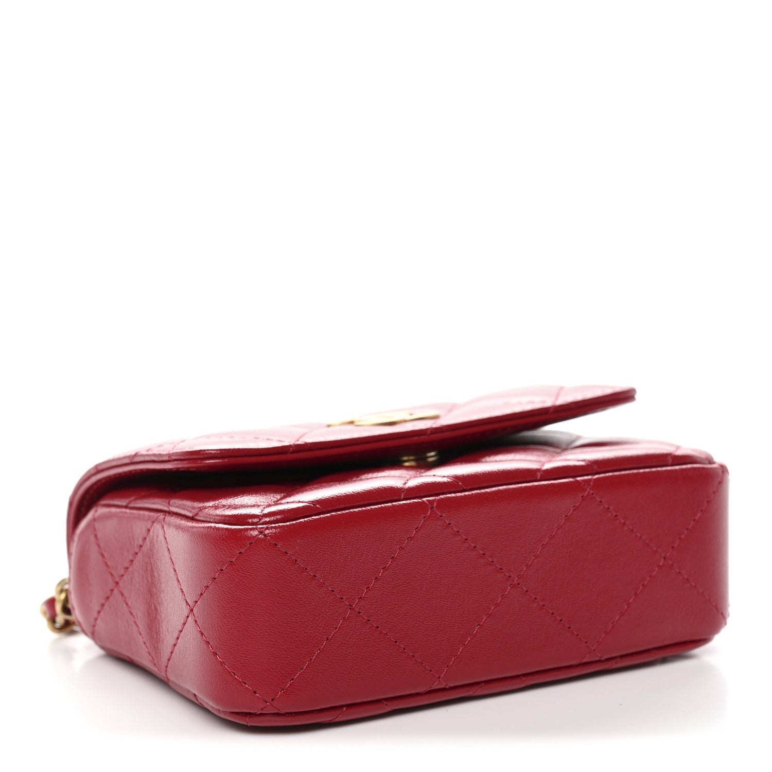 Chanel Shiny Lambskin Quilted Mini Metal Top Handle Clutch With Chain  Red