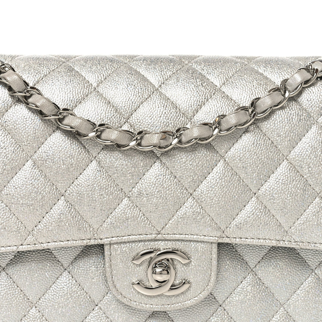 Chanel Glittered Metallic Caviar Quilted Medium Double Flap Silver