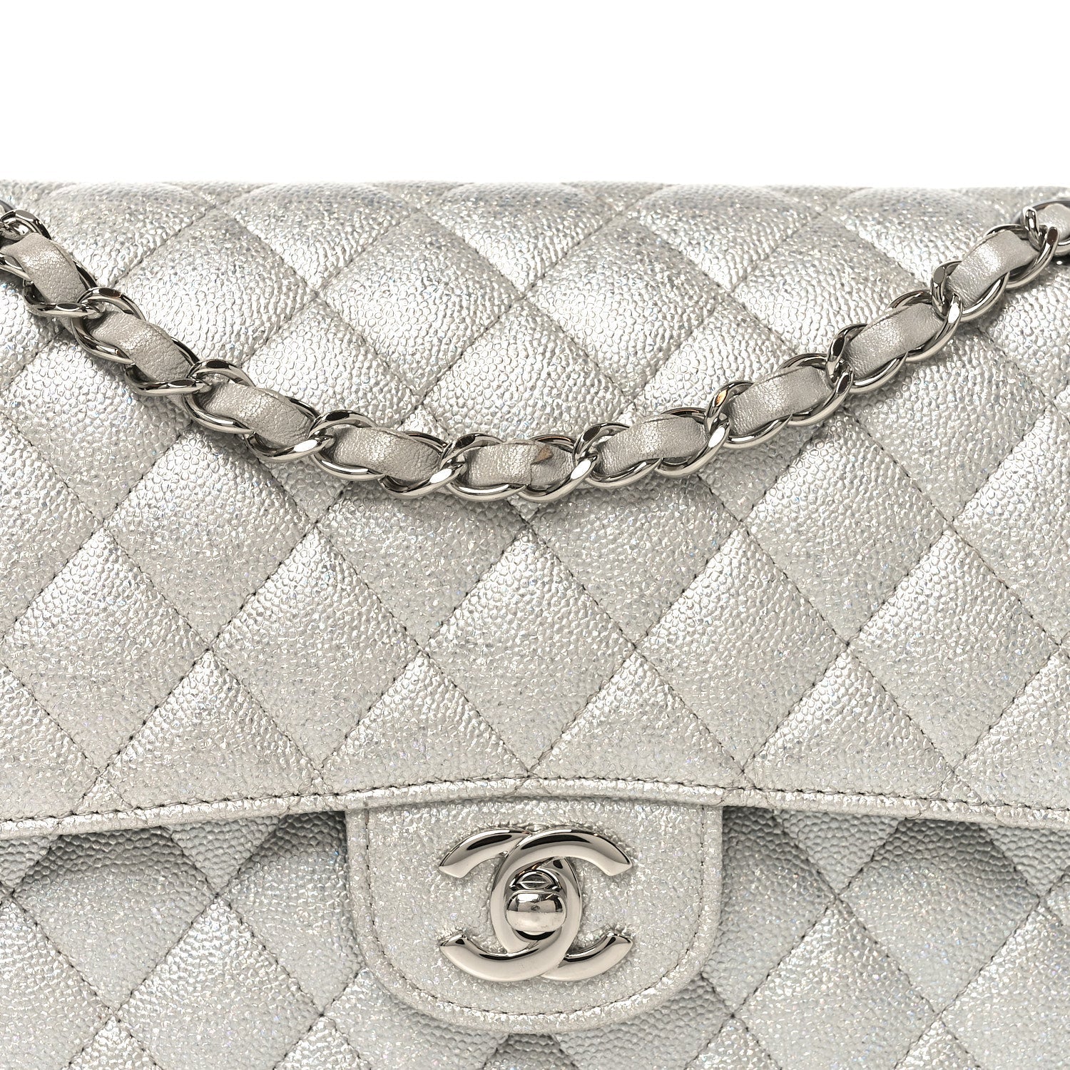Chanel Glittered Metallic Caviar Quilted Medium Double Flap Silver