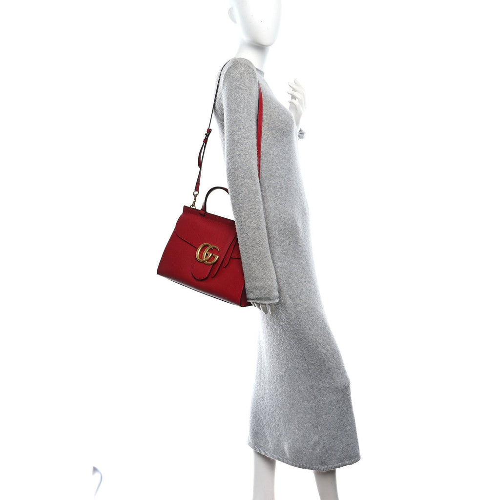 Gucci Calfskin Small GG Marmont Top Handle Bag Vulcanic Red