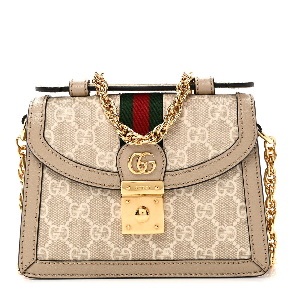 Gucci GG Supreme Monogram Textured Dollar Calfskin Web Mini Ophidia Padlock Top Handle Chain Shoulder Bag Beige Mystic White Oatmeal
